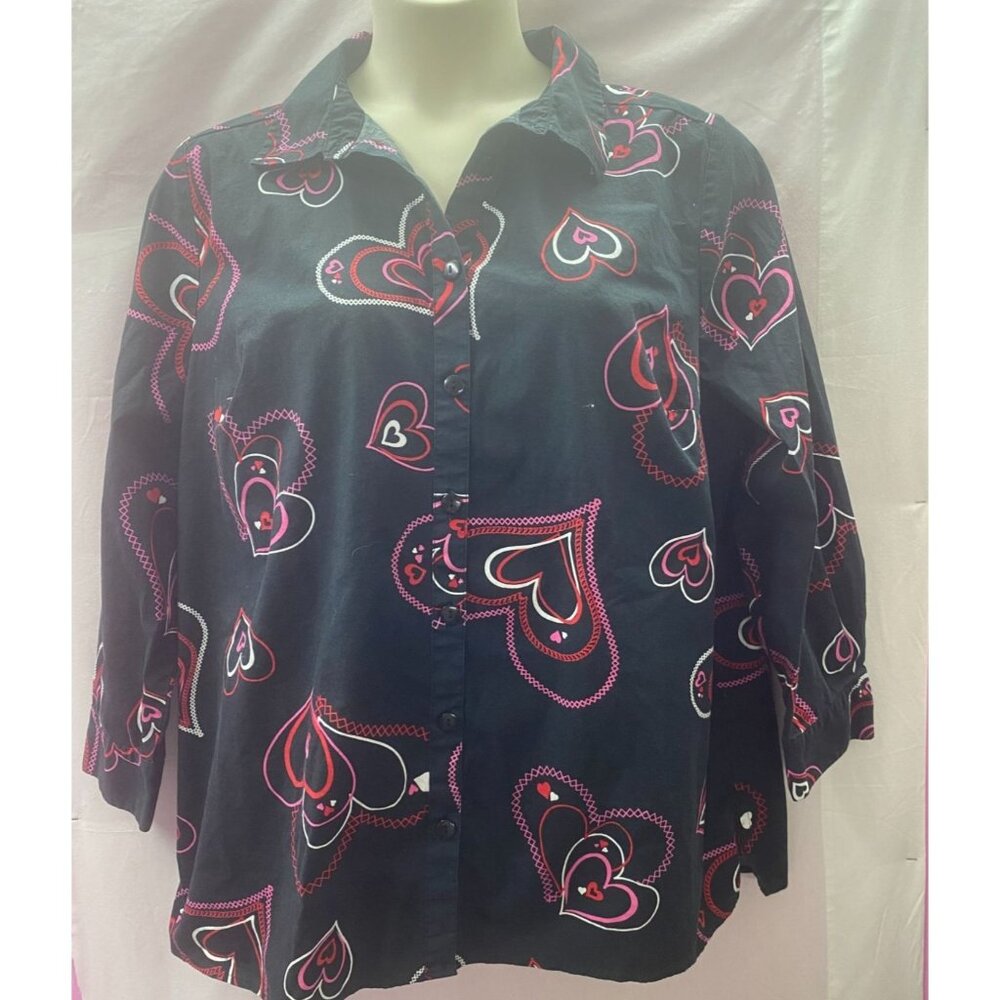 Liz & Me Women's 1X (18W/20W)Black with Pink Red & White Hearts Butt down Shirt